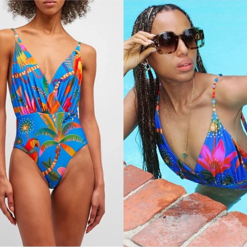 Farm Rio Blue Macaw Party One-Piece Swimsuit / bathing suit / Swim